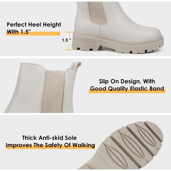 Jabasic Women Ivory Synthetic Chelsea Boots Low Heel Elastic Ankle Boots - Picture 4 of 6